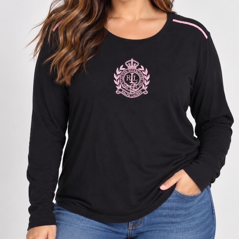 Lauren Ralph Lauren 2X Black Pink Crest Logo Long Sleeve Cotton Preppy Top